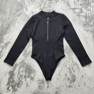 OQQ Bodysuit Women XL Black Ribbed Knit Long Sleeve Half Zip Snap Gusset Stretch